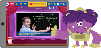 Tablet showing Beast Academy online video with Richard Rusczyk teaching math with BA character Grogg waving